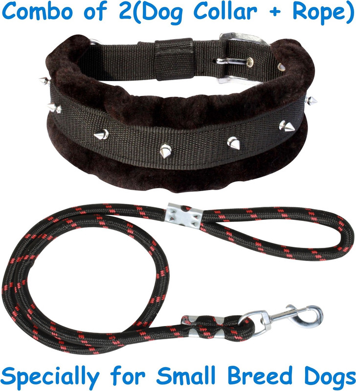 PEDIGONE Dog Belt (Combo of 2) Padded Black Fur Spike Dog Collar + Black Dog Lead Specially for Small Breeds Dog Collar & Leash(Small, KSFKS)