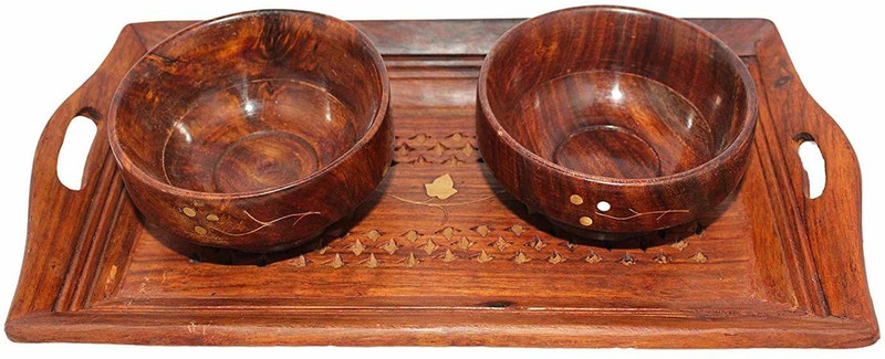 LyqArt Wooden Handmade Wooden Tray , spoon with Two Bowls Service Trolley Dining Table | Tray Bowl Set | Trolley for Table | Dry fruit tray | Serving Trolley with Bowl | Snack Tray Bowl Set | Dessert Bowl Set with Tray | Table Decoration Item | Gift Item | Serving Set Bowl, Tray Serving Set