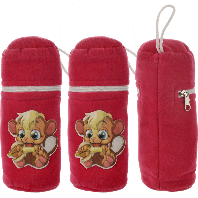 KUBER INDUSTRIES Cartoon Printed Soft Velvet Stretchable Baby Feeding Bottle Cover With Easy to Hold Strap, Pack of 3 (Pink)(Pink)