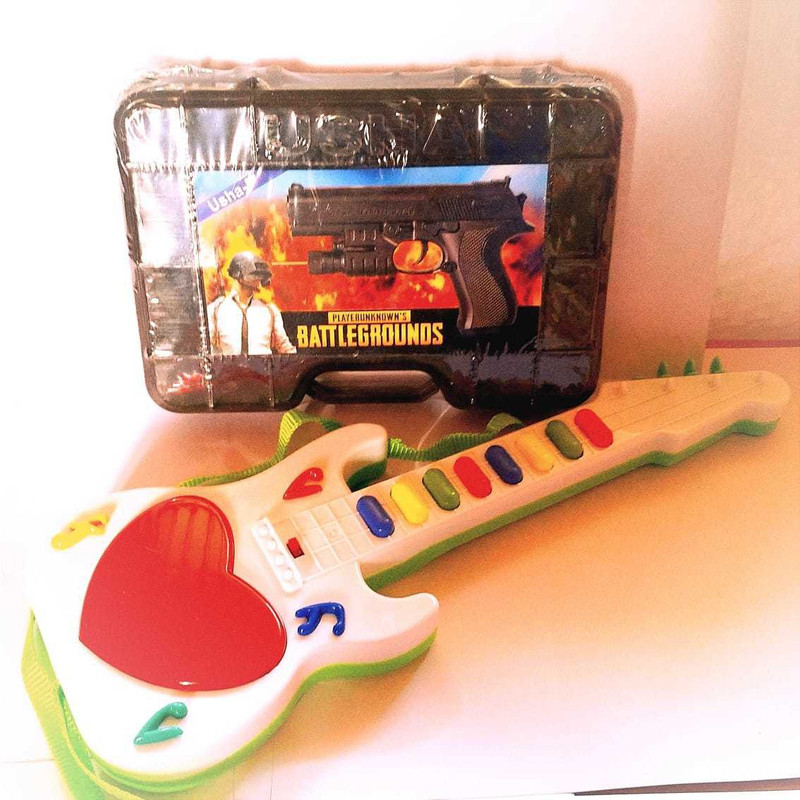 Kmc kidoz combo Mini Guitar With Musical Rhymes Sound And 3D LED Light | Battery Operated | Musical Instrument | Electric Keyboard | Lighting Toys & PUBG Mouser Pistol Gun for kids Guns & Darts(Multicolor)