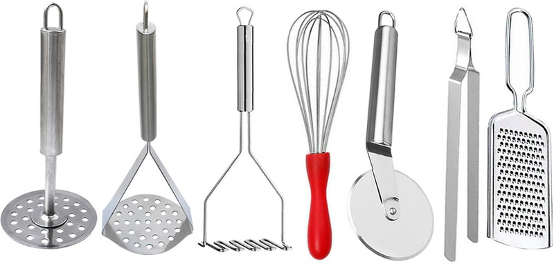 OC9 Stainless Steel Kitchen Tool (Contains: 3 Potato Mashers, 1 Roti chimta, 1 Dolphin Whisk, 1 Pizza Cutter, 1 Cheese Grater) Kitchen Tool Set(Silver, Cutter, Grater, Masher, Tong, Whisk)