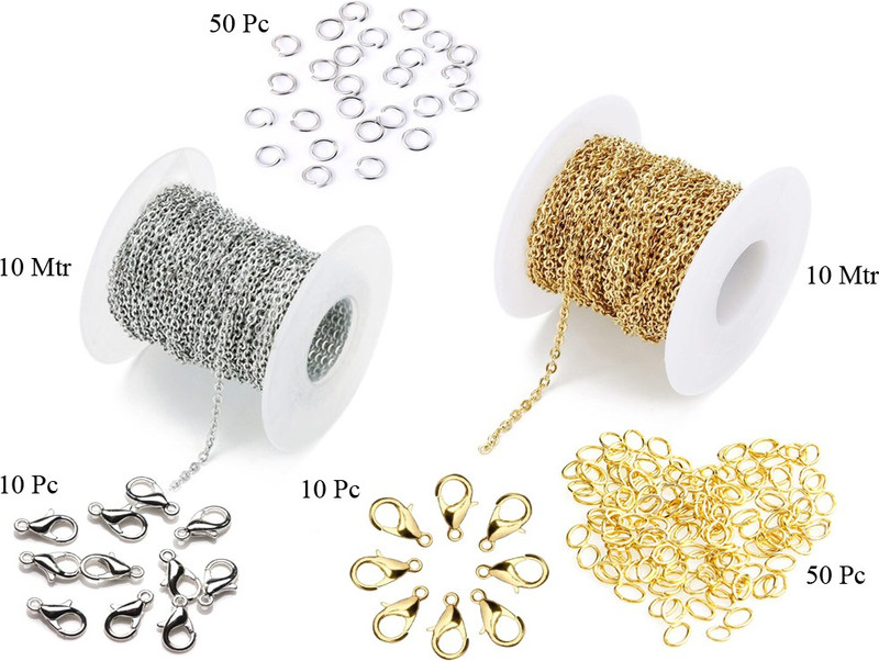 Crafts Haveli Combo of Silver & Golden Sitara Extension Necklace Chain & Jump Ring For Jewelry Making, Length 10 Mtr & 20 Lobster