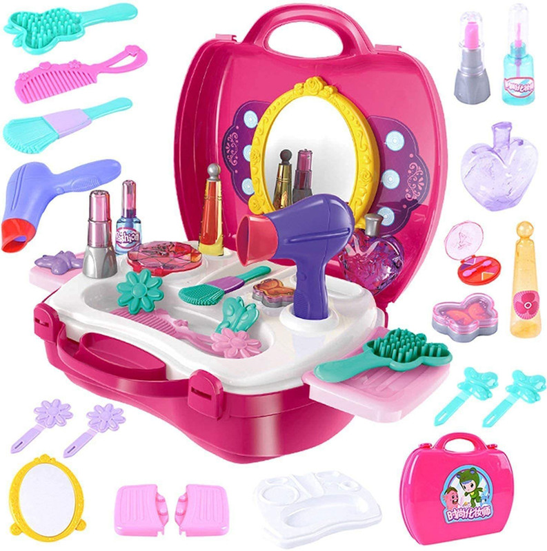 Eforest Beauty Makeup Pretend Play Toy Set for Girl with Makeup Accessories and Carry Suitcase,Plastic,Multi color(Pack of 21 pcs)