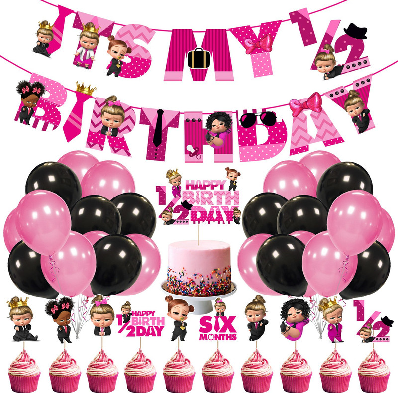ZYOZI Boss Baby Half Birthday Decorations, Baby Boss 6 Month Birthday Party Supplies Set, Baby Party Supplies, Baby Party for Boss Pink Girl ,Black Girl Boss Baby Buttons Party Favors Supplies,Children Carnival Party Supplies Decoration (PACK OF 37)(Set of 37)