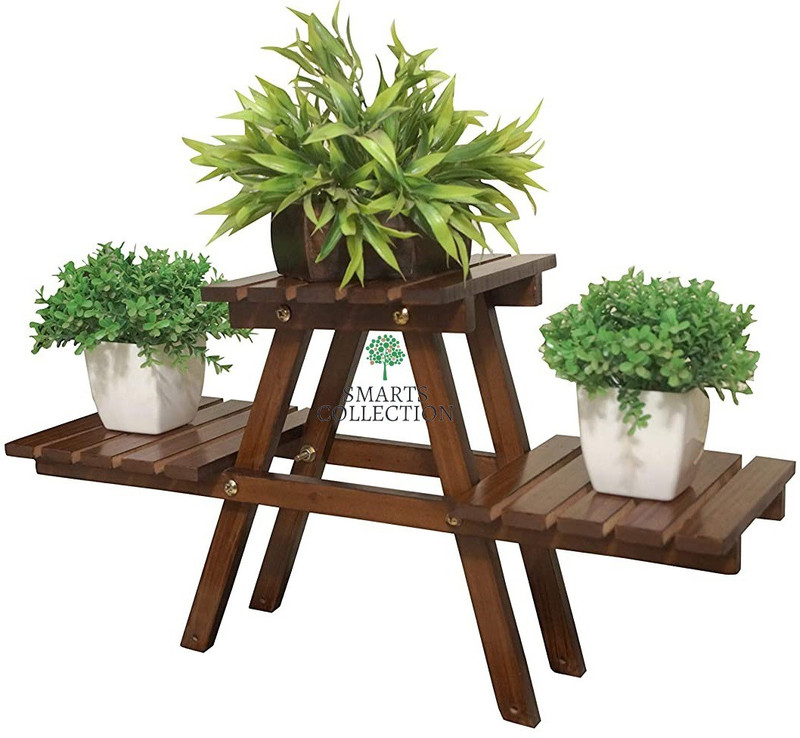 Smarts collection Wooden Plant Stand for Balcony Living Room Indoor Outdoor Plant Stand Foldable Display Rack Storage Rack for Patio Garden Yard (3 Tier, Brown) Solid Wood Side Table(Finish Color - brown, Pre-assembled)