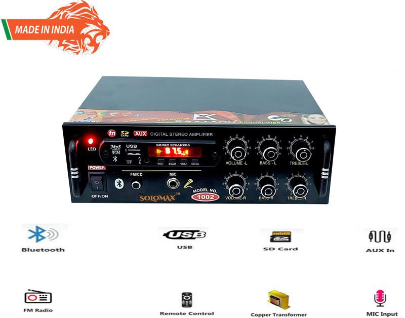 solomax DJ remix 1002 BT iron fist metal remix Full Black Digital Stereo With BT/ USB/ SD-Card /FM /AUX 1000 W AV Power Amplifier (Black) 260 W AV Power Amplifier (Black) 260 W AV Power Amplifier(Black)