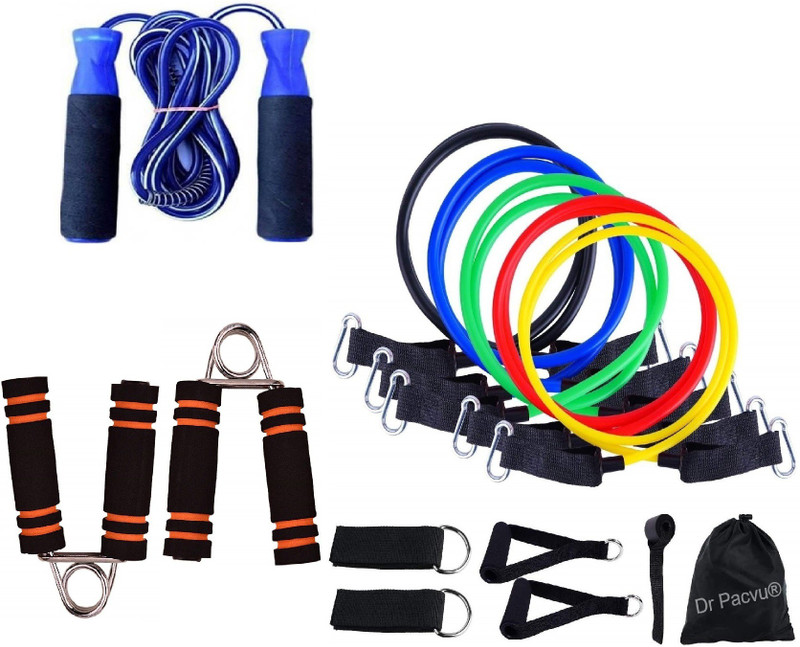 Dr Pacvu Athletes Choice Pack of 4 Combo | Hand Gripper, 11in1 Resistance Band and Jumping Skipping Rope | Foam Handle Hand Gripper For Increase Arms and fingers Physical Strength with 11in1 Resistance Band Toning Tube for Full Body Excercise and Foam Handle Jumping Skipping Rope For Home Gym Body S