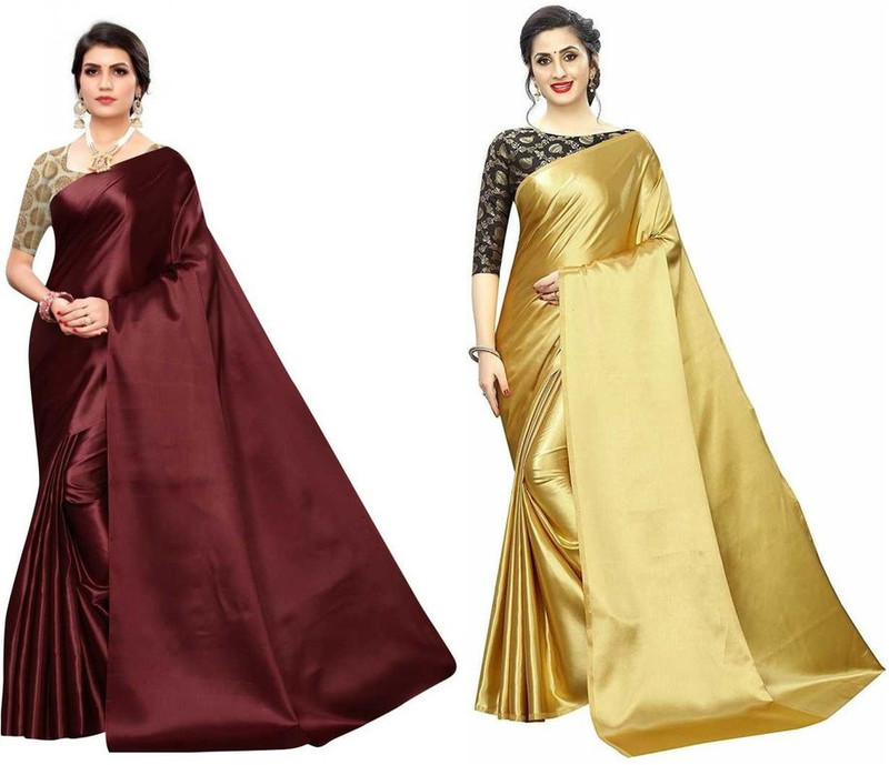 Hari Om Fab Solid/Plain Bollywood Satin Saree(Pack of 2, Gold, Maroon)