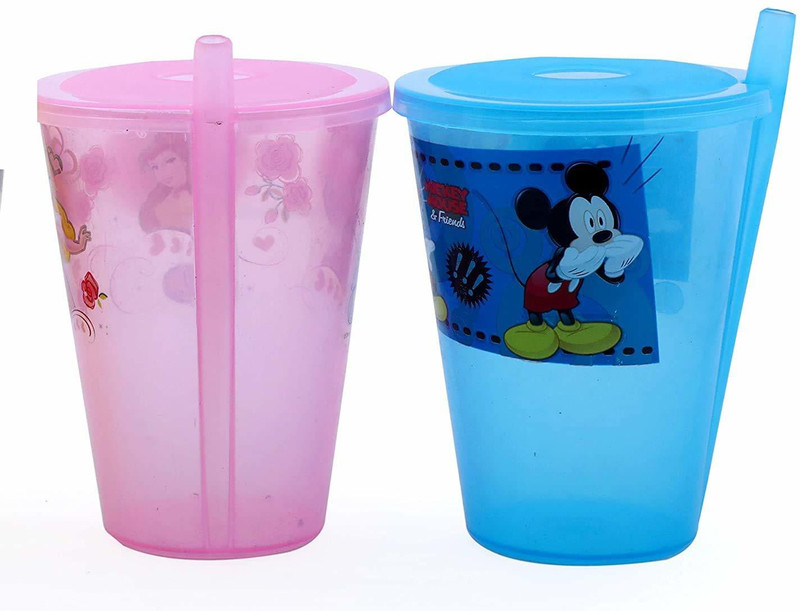 WiiBross Plastic Air Tight Glass with Sipper Lid & Straw for Kids, Dust-Free Cover Lid, Sipper Glass, Sipper Glass with Straw, Sipper Glass for Baby (Pack of 2)(Multi-Color) SH 24(Multicolor)
