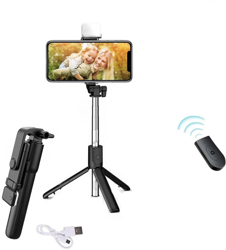 Wrapadore R1S Mini LED Fill Light Tripod Selfie Extendable Bluetooth Selfie Stick Tripod with Detachable Wireless Remote or Vlogging/Gopro/Photography/Videography for All Mobile Smartphones Monopod, Tripod, Tripod Bracket, Tripod Bracket(Black, Supports Up to 700 g)