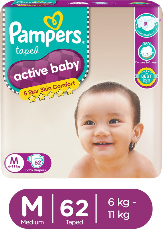 Pampers Active Baby Taped Diapers with Adjustable Fit - M(62 Pieces)