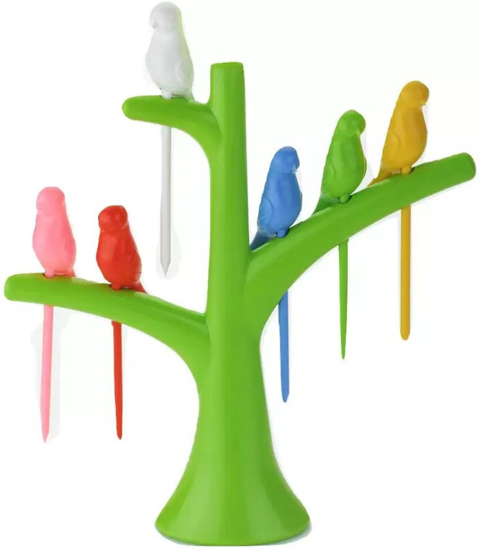 workwox Happy Bird Fruit Fork Set Plastic Fruit Fork (Pack of 1) 1 Tree Stand, 6 Bird Fork Disposable Plastic Baby Fork, Fruit Fork