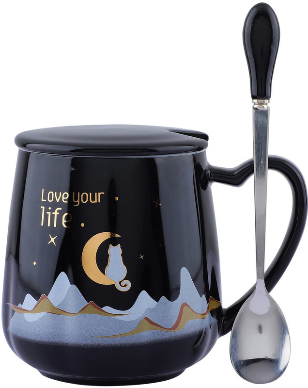 NYRWANA DELIVERING SMILES IN INIDA Love Your Life Cute Coffees Funny Ceramic Tea Cups with Ceramic Lid and Spoon Gifts for birthday (Black) Ceramic Coffee Mug(420 ml)