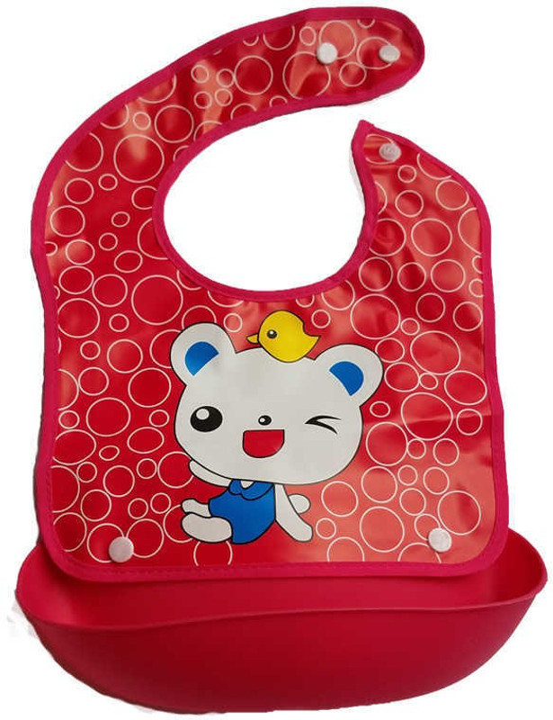 Connectwide Silicone Soft Adjustable Fabric Neck, Detachable Tray, Baby Bib Waterproof Burp Cloths with Food Catcher Red(Red)