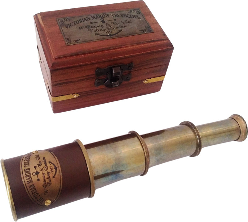Shoptreed Antique Finish 4 fold 7" Victorian Marine Brass Telescope with Brown Leather in Wood Box Catadioptric Telescope(Manual Tracking)