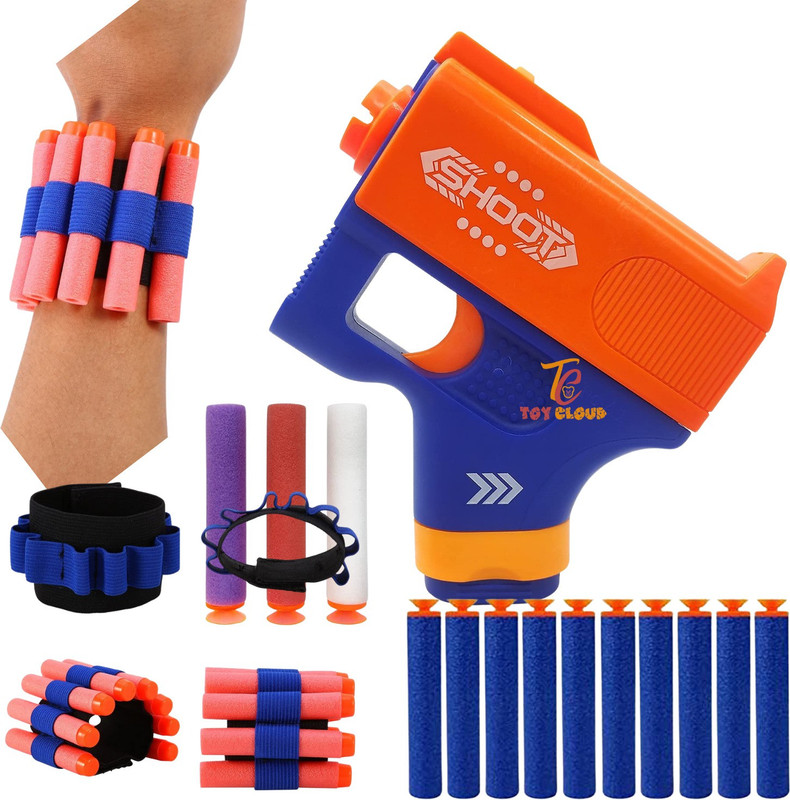 Toy Cloud Combo of 1 Mini Soft Blaster Toy Gun with 1 Hand Strap for Darts & 10 Pcs Extra Dart Bullets, Safe and Long Range Shooting Gun Guns & Darts(Multicolor)