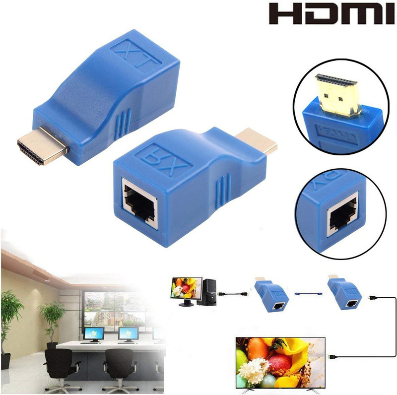 microware TV-out Cable 4K HDMI Extender HDMI Extension Up to 30m Over CAT5e / 6 UTP LAN Ethernet Cable RJ45 Ports LAN Network Compatible with HDTV/HDPC(Blue, For TV)
