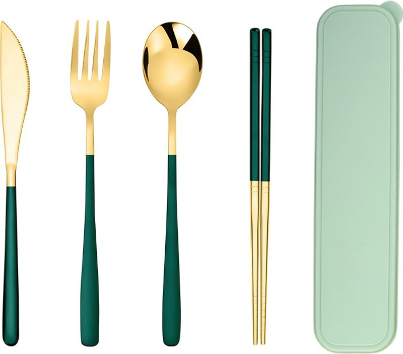 Iktu Premium Gold Plated 304 Stainless Steel Fork Spoon Chopstick Set Flatware Dinnerware Cutlery Tableware Set (Black) Disposable Steel Cutlery Set(Pack of 4)