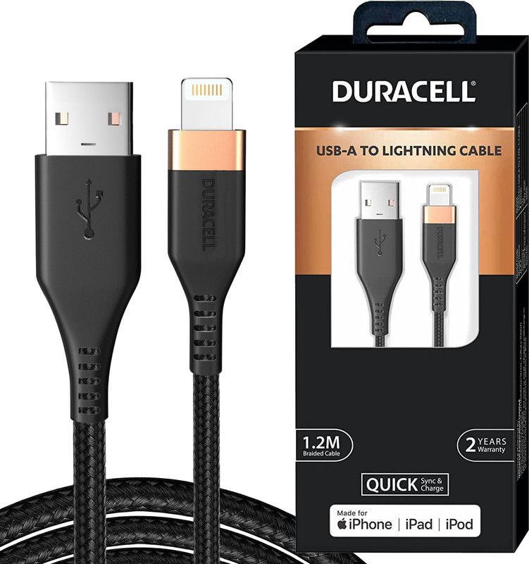 DURACELL Lightning Cable 2.4 A 1.2 m DU002(Compatible with (Apple Devices ,iphone iPad iWatch AirPod), Black)