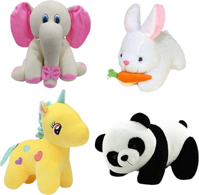 Toyhaven Exclusive combo pack of 4 super soft lovely stuffed toys for kids/ sitting elephant, unicorn , rabbit and panda/ for home decoration and birthdays  - 25 cm(Beige, Black, Yellow, White) - 84% off at DetectaDeal