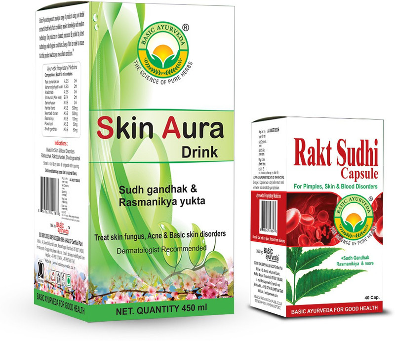 Basic Ayurveda Skin Aura Drink Sudh Gandhak & Rasmanikya Yukta 450 Ml + Rakt Sudhi 40 Capsules(450 ml, 40 Capsules)