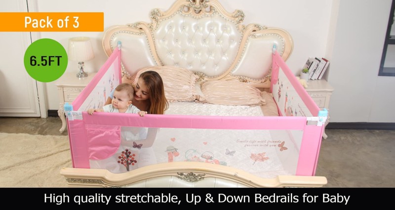 Safe-o-kid One-Hand Operate, Up & Down Falling Protector Bed Rails, 2MTR, Pink, Pack of 3(Pink)
