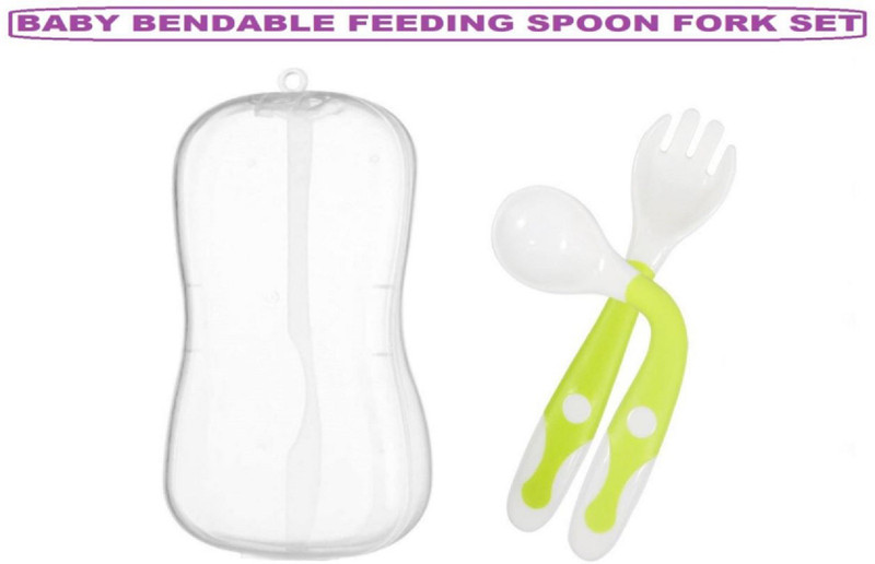 Jingle Kids Baby Self Soft Silicone Feeding Spoon Bendable Heat-Resistant Teether Cutlery Spoon And Fork Teether Set Safety Self Feeding Learning With Protective Box Teethers For Babies/New Borns(GREEN)  - Food Grade Silicone(GREEN SPOON)