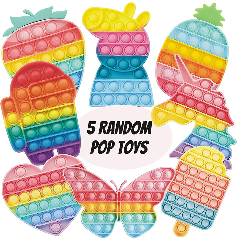 BONGERKING Combo of 5 Random Shape Pop Toy Poppet Set Popet for Stress Relief Silicone Squeeze Toys for Kids | Pressure Fidget Toys for Children and Adults | Pop it Push Pop its Bubble Toy for Girls | Birthday Party Return Gift for kids (5 Random Pop Its)(Multicolor)