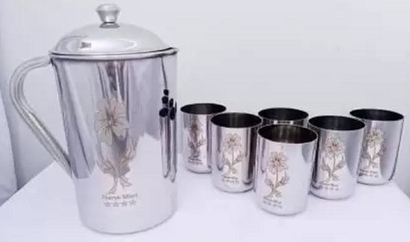 Tactware HIGH QUALITY FLOWER LASER Jug With 6 Pipe Shape Jug Glass Set(Stainless Steel)