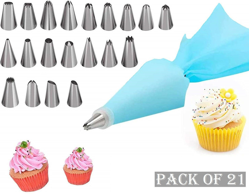 LUKZER 21 PCS Cake Decorating Stainless Steel Nozzles with Icing Piping Bag & 1 Coupler Frosting & Sculpting Tools Easy Decoration Stainless Steel Round Icing Nozzle(Steel, Blue Pack of 21)
