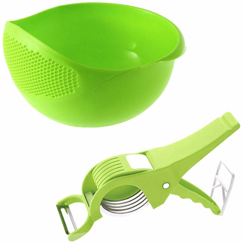 TRUTEC Combo Of Plastic Washing Rice Bowl And 2 in 1 Vegetables&Fruits Cutter Peeler Kitchen Tool Set(Green, Chopper, Strainer)