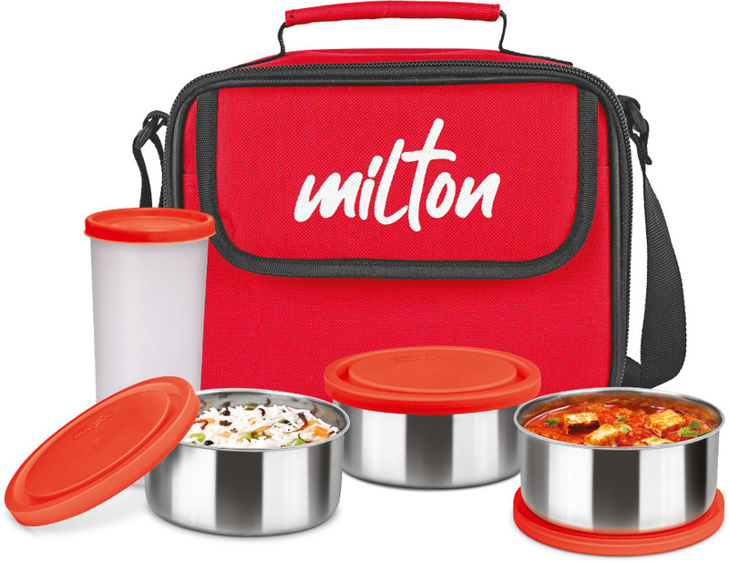 MILTON New Steel Combi , 3 and 1 Tumbler with Jacket, Red 4 Containers Stainless Steel, Plastic Office Lunch Box(1240 ml)