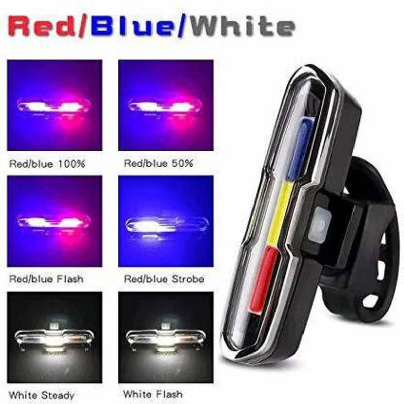 Afpin Bicycle USB Rechargeable Police Type Tail Light (3 Colors Red, White, Blue) 6 Mode LED Rear Break Light(Multicolor)