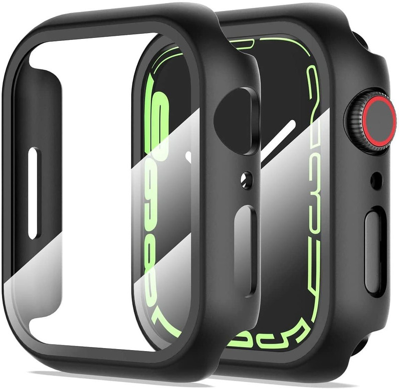 Hamz Edge To Edge Tempered Glass for Case Compatible with iWatch 45mm Series 7/SE/6/5/4/3/2/1 Built-in Tempered Glass, Hard PC Protector Cover(Pack of 1)