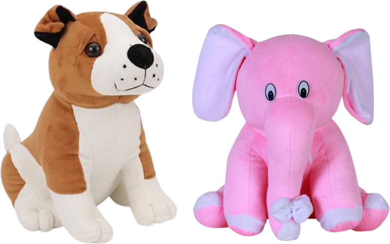 Toyhaven Adorable combo set of 2 super cute stuffed animals for kids and special occasions /BULLDOG and SITTING ELEPHANT/ soft toys for gifting, birthdays and anniversaries - 25 cm(Pink, Brown)