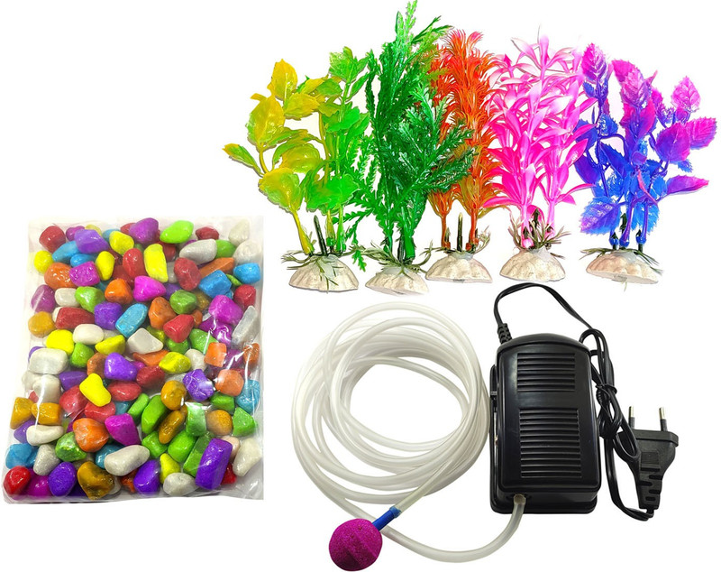 Sky Aquarium Decoration combo kit for Fish Tank Bowl Decor Multi Pack Air Pump,air tubing, Air Stone,Plant 5 nos (Multi Color Stones 1 kg) Air Bubble Arrangement In aquarium River Rock Planted Substrate(Multicolor, 1 kg)
