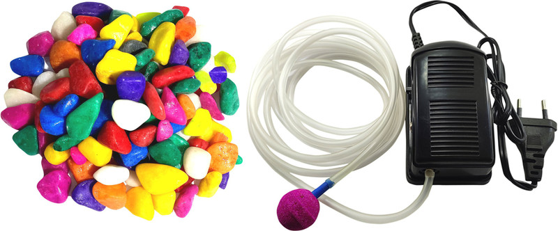 Sky Aquarium Decoration combo kit for Fish Tank Bowl Decor Multi Pack Air Pump,air tubing, Air Stone, (Multi Color Stones 1 kg) Air Bubble Arrangement In aquarium River Rock Planted Substrate(Multicolor, 0.4 kg)