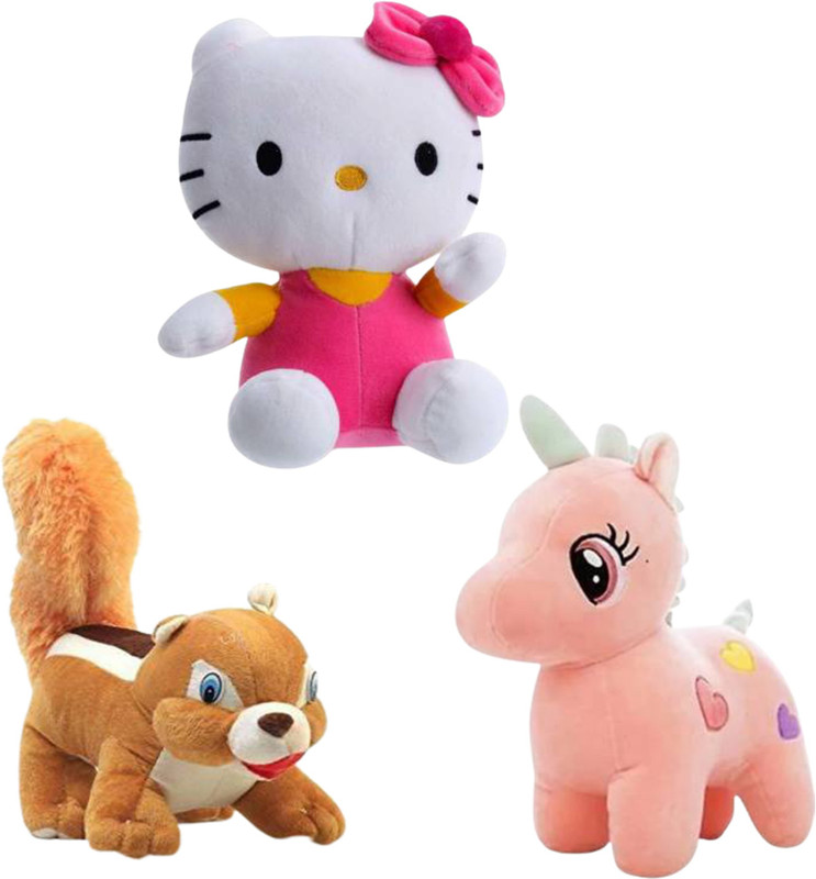 Toyhaven Special and premium combo pack of adorable stuffed toys/HELLO KITTY, UNICORN and SQUIRREL/plush toys for kids, birthdays ,gifting and special occasions  - 25 cm(Pink, Brown)