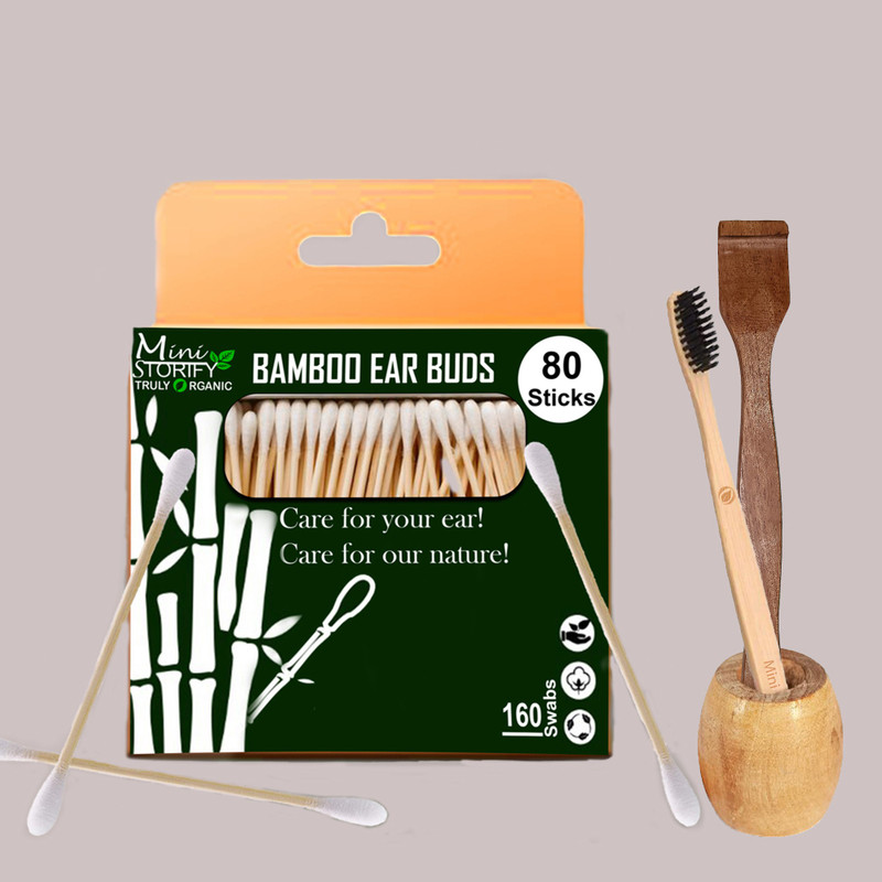 Mini Storify 1.Bamboo Cotton ear bud/swab|80 Stems|1.Kids bamboo tooth brush-Oral Cleaning|1.Bamboo toothbrush stand|1.Pure Neem Tongue Cleaner - Adults & Kids(4 Items in the set)