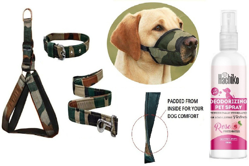 Hachiko High Quality Dog Belt Army Print Padded Dog Harness Dog Army Printed Harness+Leash+Collar+Dog Mouth Muzzle+Dog Perfume Deodorant.(Combo Of 5) Dog Harness & Leash(Medium, Multicolor)