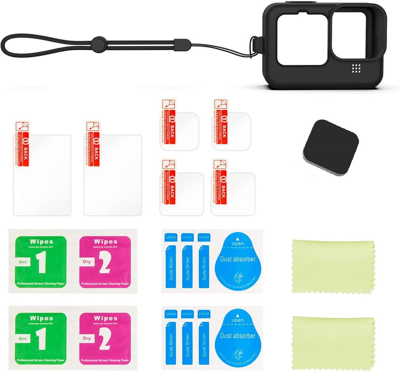Yantralay Hero 10/9 Silicone Lanyard Sleeve Lens Cover + 6PCS Tempered Screen Guard Silicone Sleeve Case, Screen guards