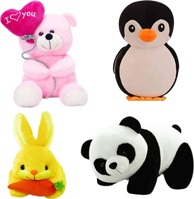 Toyhaven Cute and lovely soft toy set of 4 for kids ( Pink balloon teddy, Panda, Yellow rabbit,Black penguin ) /birthday and other special occasions. - 25 cm(Pink, Black, Yellow, Black)