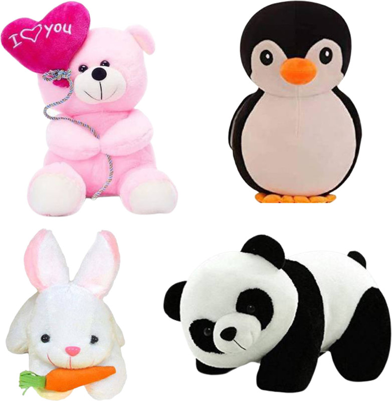 Toyhaven Cute and lovely soft toy set of 4 for kids ( Pink balloon teddy, Panda,White rabbit,Black penguin ) /birthday and other special occasions.  - 25 cm(Pink, Black, Black, White)