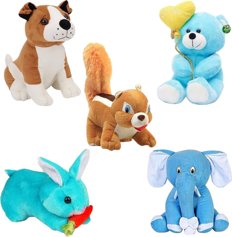 Toyhaven Cute and lovely soft toy set of 5 for kids (Squirrel ,Rabbit ,Sitting elephant, bull dog, Balloon teddy ) /birthday and other special occasions.  - 25 cm(Blue, Blue, Blue, Brown, Brown)