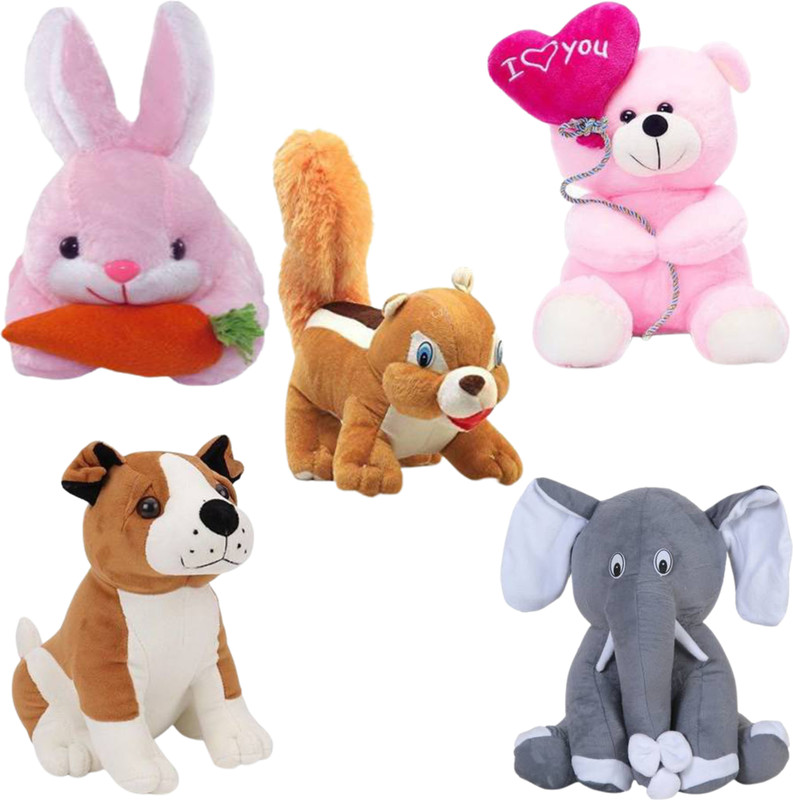 Toyhaven Cute and lovely soft toy set of 5 for kids (Squirrel ,Rabbit ,Sitting elephant, bull dog, Balloon teddy ) /birthday and other special occasions. - 25 cm(Pink, Pink, Brown, Brown, Grey)