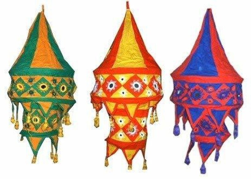 Ayushkacrafts Odisha Handcrafted Handmade Cotton Foldable Fabric Lantern/Lamp Shade/Light Holder for Home Decoration Multicolor Cloth Hanging Lantern(76.2 cm X 38.1 cm, Pack of 3)