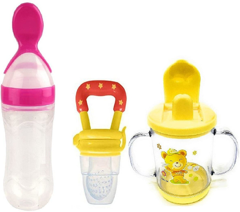 GRAYSEE Combo of 3 Baby Safe Silicone Squeeze Fresh Food Feeder Bottle with Food Dispensing Spoon, Infant Food Nibbler Teething Toy Feeding Pacifier and Plastic Sipper Cup-240ml (Multi 15) - 240 ml(Combo-Multi 15)