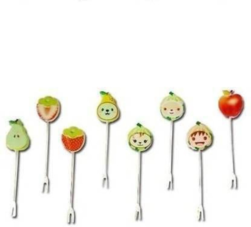 Klaviyo Fruit Fork Colour rings design fruit fork stand with 8 cartoon shapes fruit fork for party, dining table decor and gift item's Stainless Steel Serving Fork Set(Pack of 8)