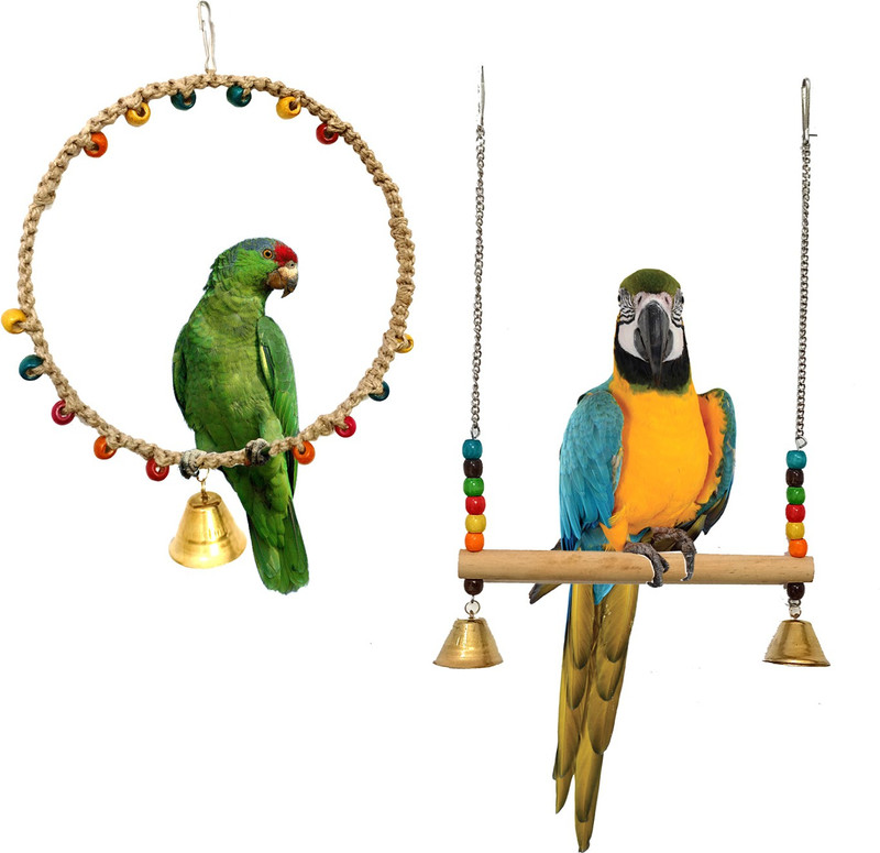 Jainsons Pet Products Bird Toys Combo Pack Parrot Jute Ring Swing Toy with Bell and Bird Cage Swing Hammock Hanging Swing and Chew Toys for Parrot 2pcs Wooden Chew Toy For Bird