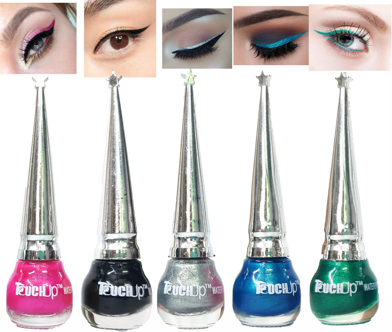 touchup Waterproof Glitter Liquid Eyeliner set of 5, 5ml Each, Green, Skyblue, pink, Matte Black and Silver 25 ml(Multi colour)
